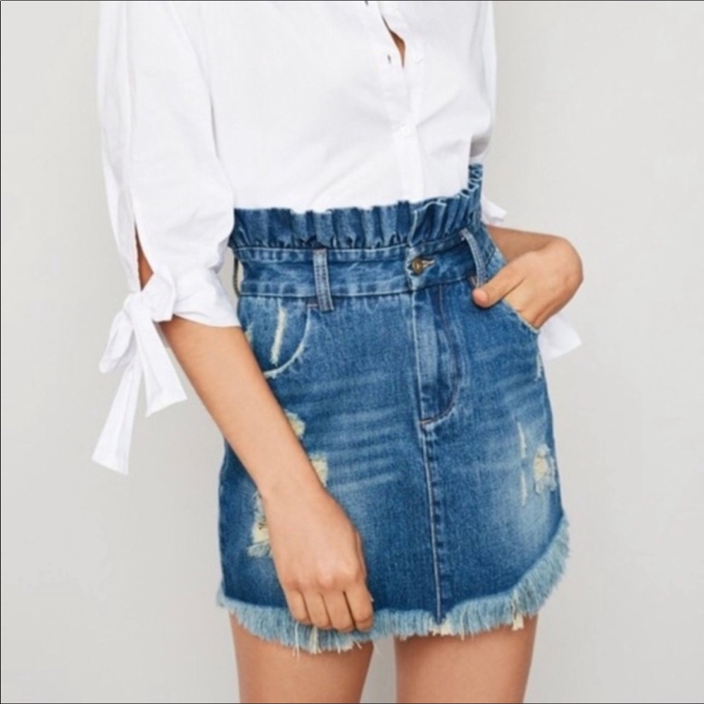 Hayden Blue Distressed Denim Paperbag Mini Skirt